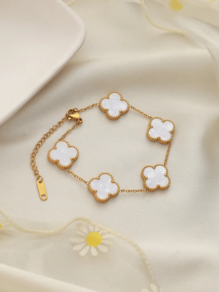 Gold Plated Stainless Steel 316L Plant Flower Bracelet With Five Leaf Petals