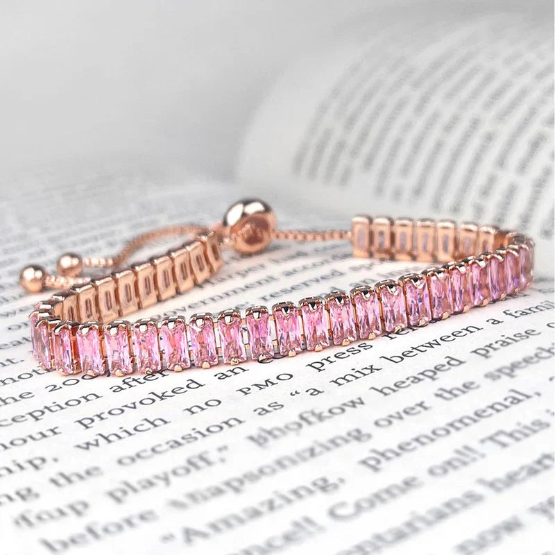 Silver Plated Rectangular Cut Cubic Zirconia Pink.. Matrix Anti Tarnish Tennis Bracelet