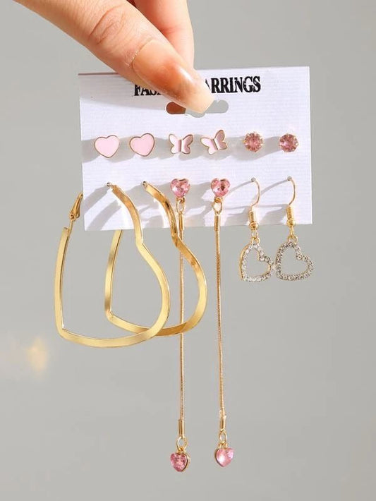 Gold Plated Heart inspired Pink and Gold Studs and Drop Earrings Combo of 6