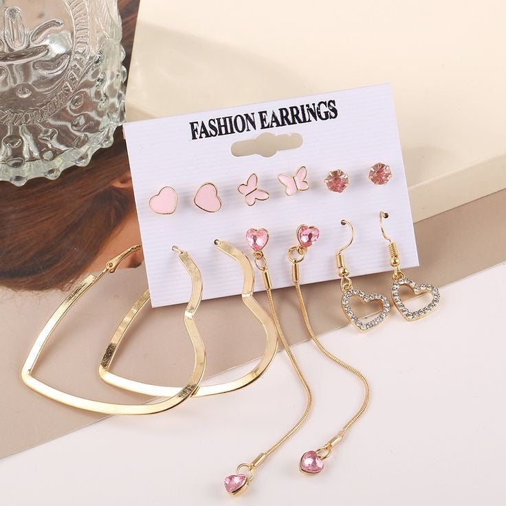Gold Plated Heart inspired Pink and Gold Studs and Drop Earrings Combo of 6