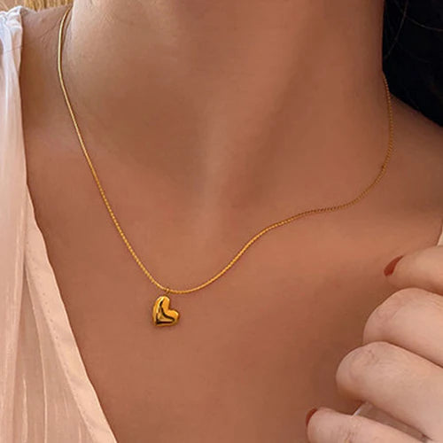 Gold Puff Heart Pendant Necklace