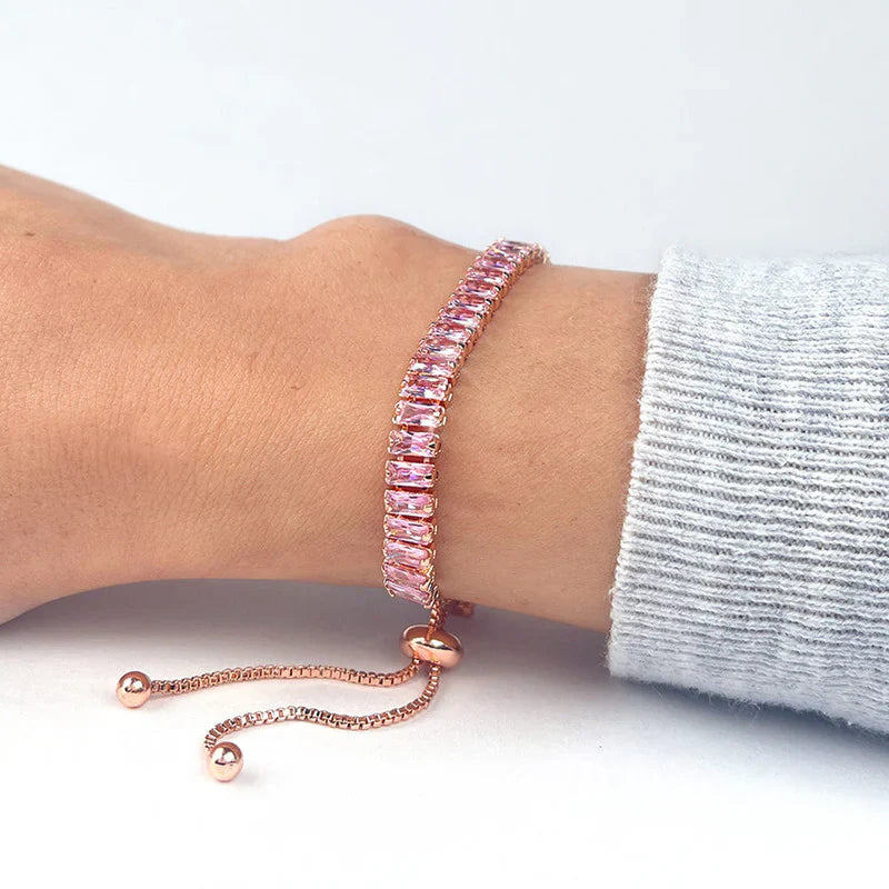 Silver Plated Rectangular Cut Cubic Zirconia Pink.. Matrix Anti Tarnish Tennis Bracelet