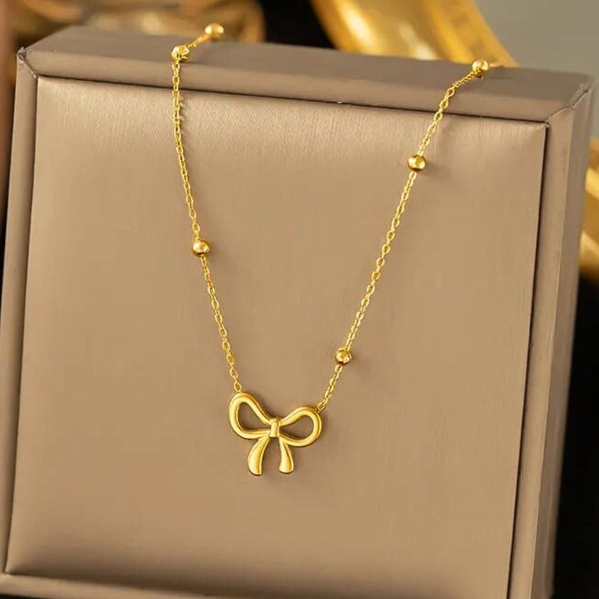 Bead Bow Chain Necklace (18K Gold)