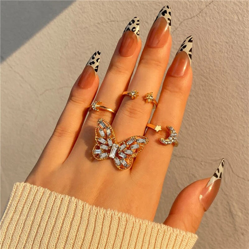 Gold Plated Butterfly Rings Set of 5 For Women