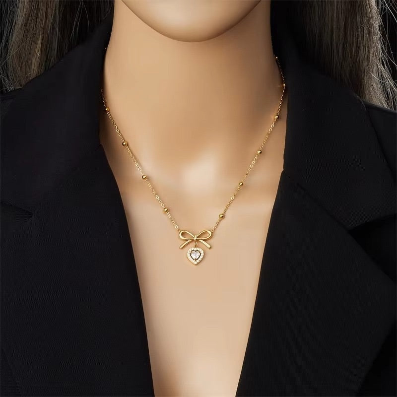 Golden Bow Heart Pendant Necklace (18K Gold)