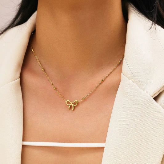 Bead Bow Chain Necklace (18K Gold)