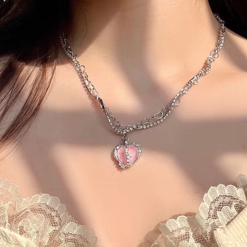 Pink Crystal Crown Heart Necklace