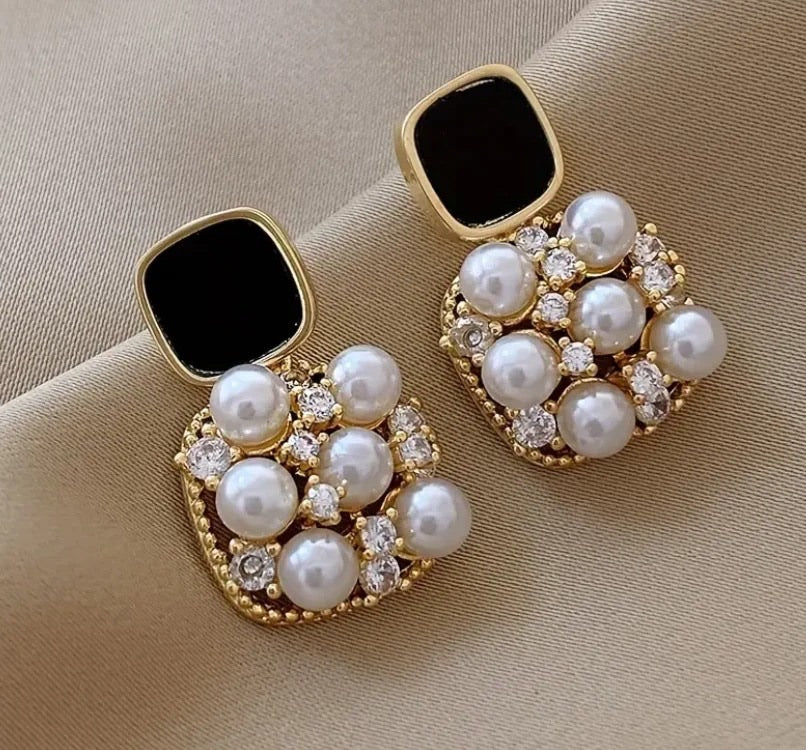 Vintage Pearl Cluster Earrings with Black and Gold Accents